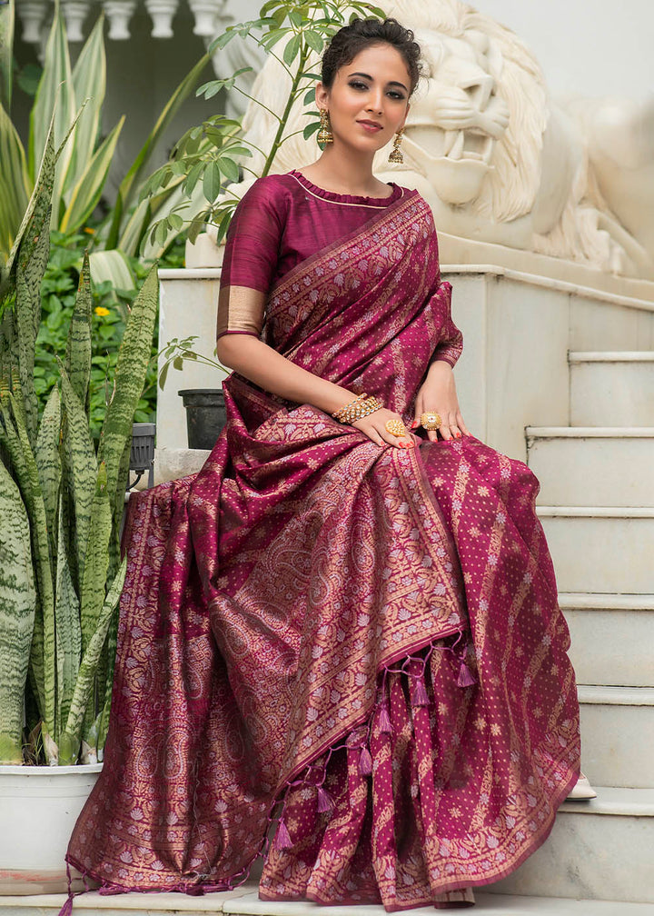 Fandango Purple Zari Woven Tussar Silk Saree with Tassels on Pallu