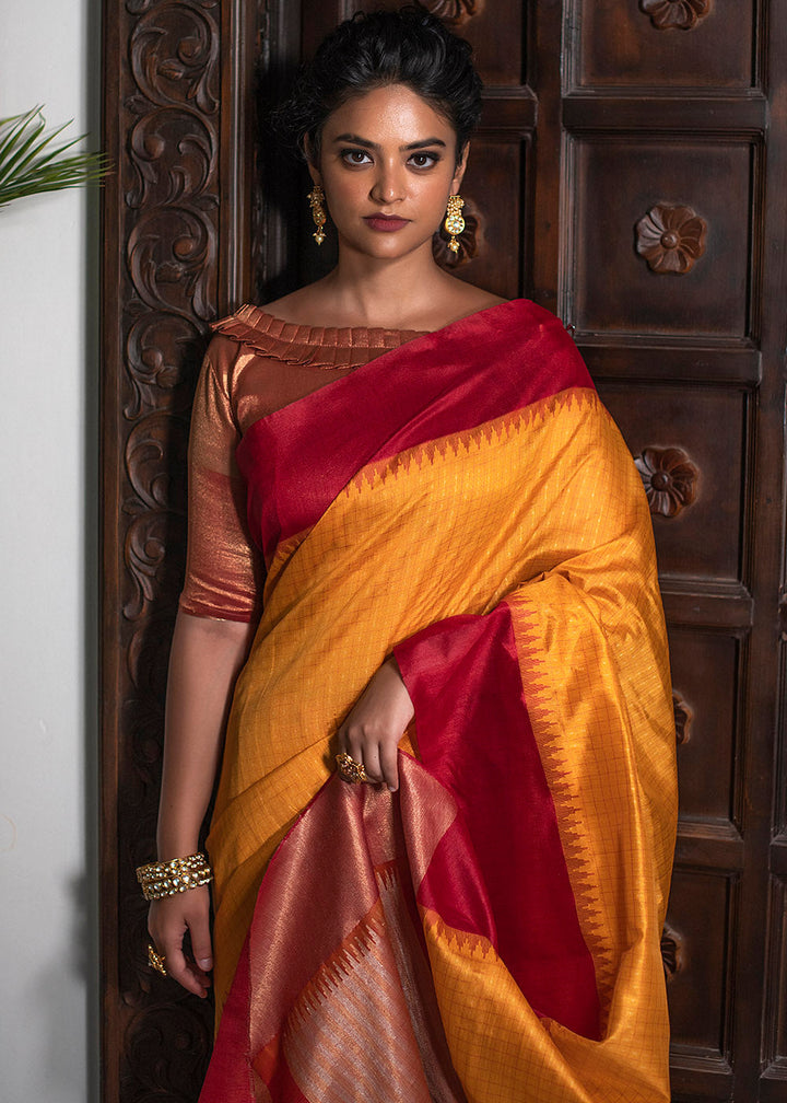 Saffron Yellow Designer Woven South Silk Saree