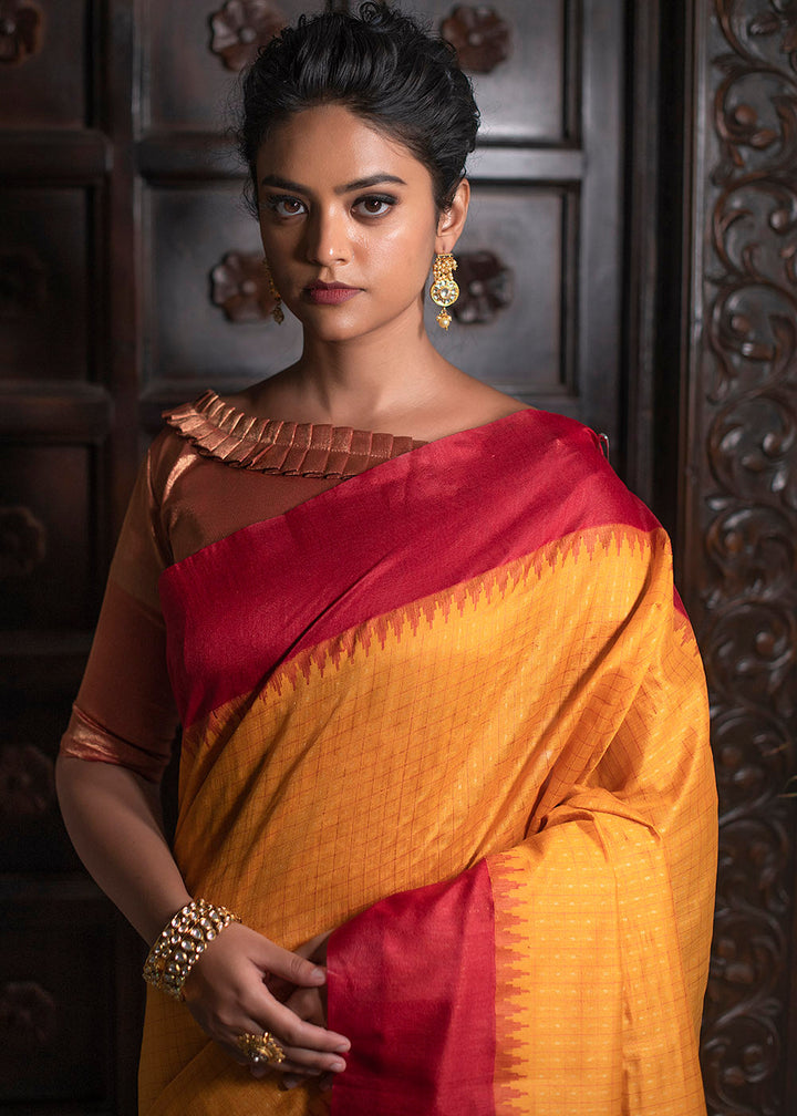 Saffron Yellow Designer Woven South Silk Saree