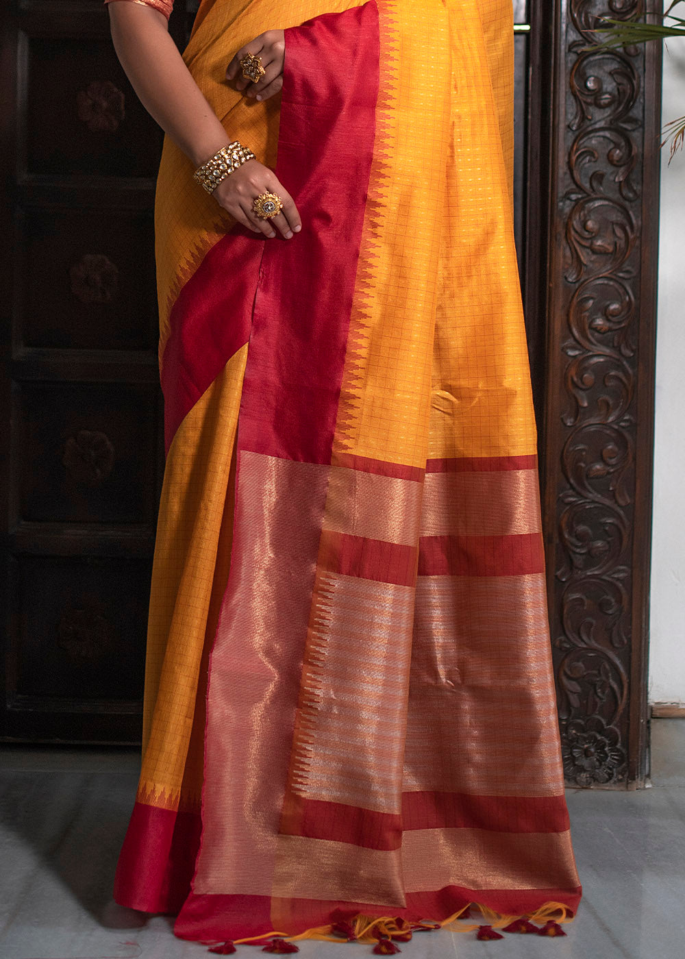 Saffron Yellow Designer Woven South Silk Saree