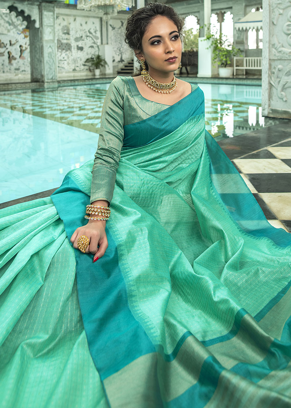 Turquoise Green Designer Woven South Silk Saree