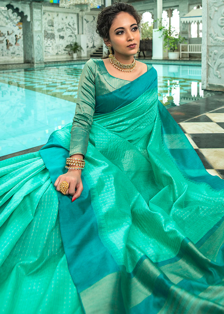 Turquoise Green Designer Woven South Silk Saree