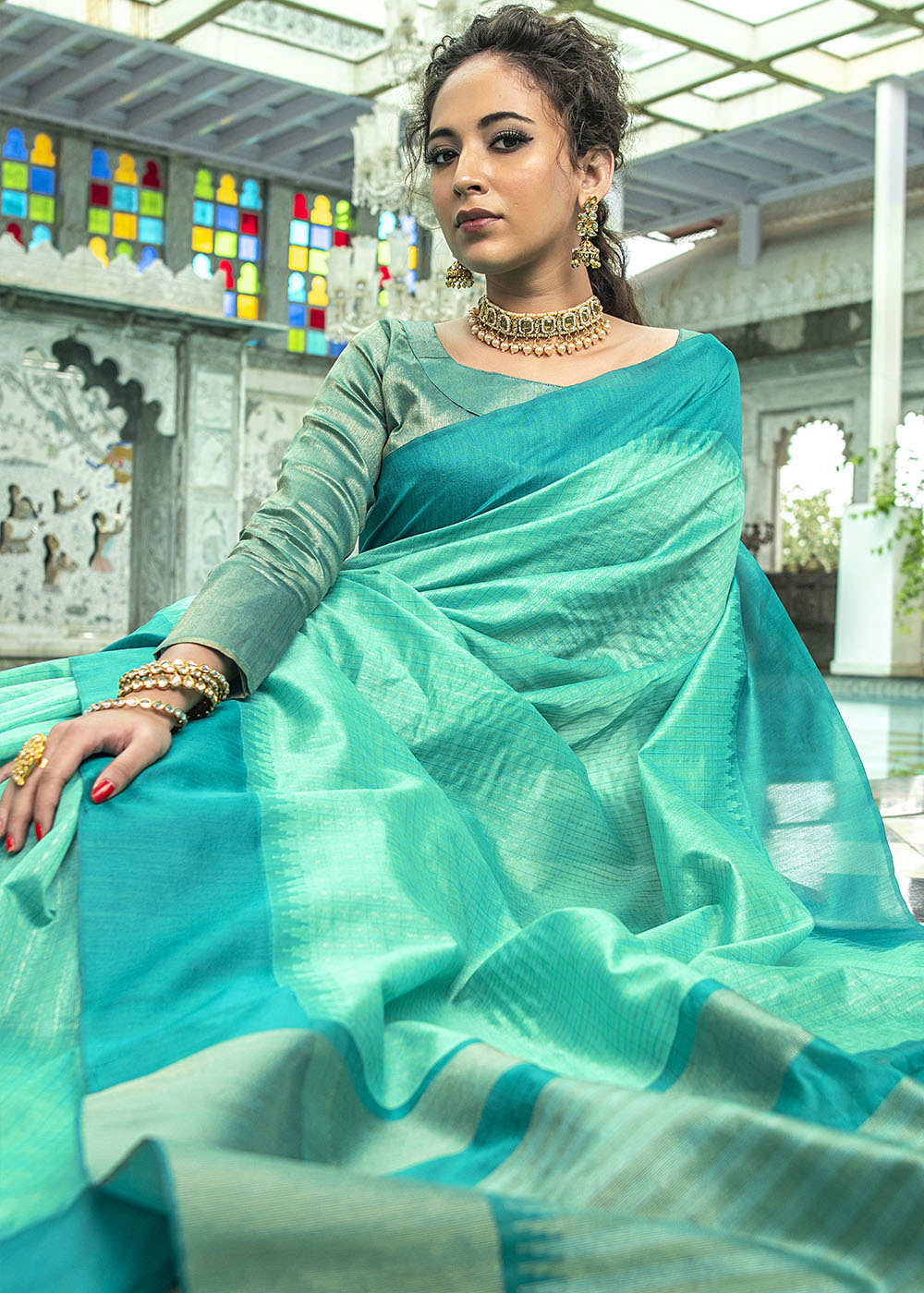 Turquoise Green Designer Woven South Silk Saree