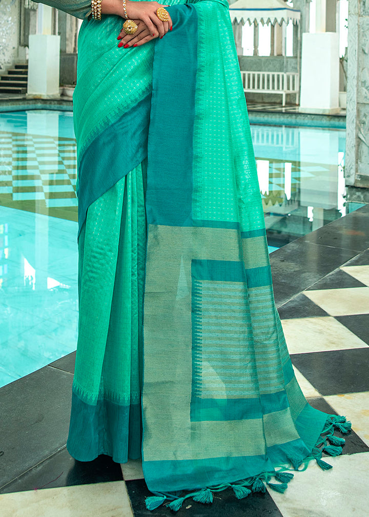 Turquoise Green Designer Woven South Silk Saree