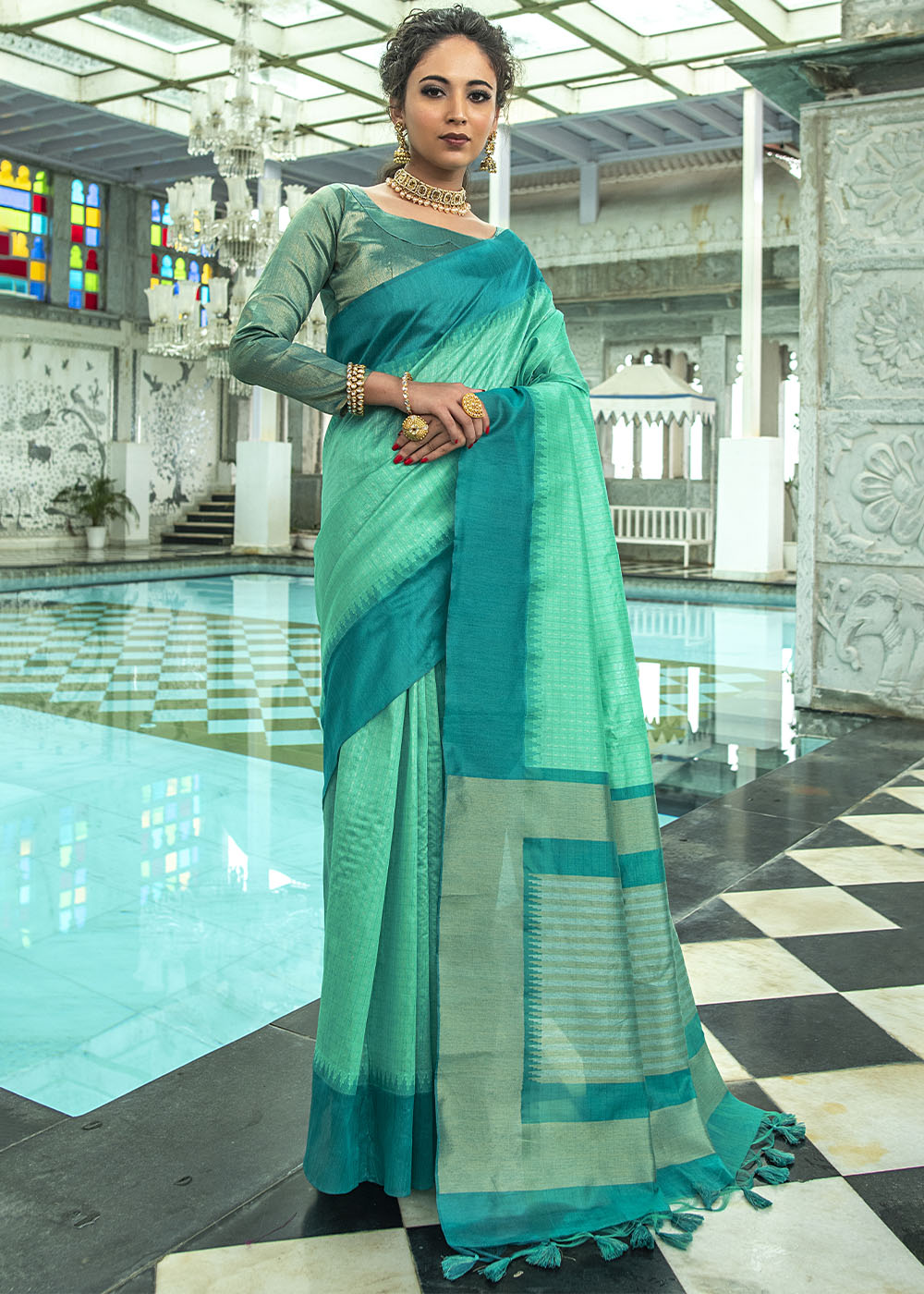 Turquoise Green Designer Woven South Silk Saree