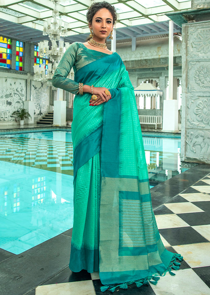 Turquoise Green Designer Woven South Silk Saree