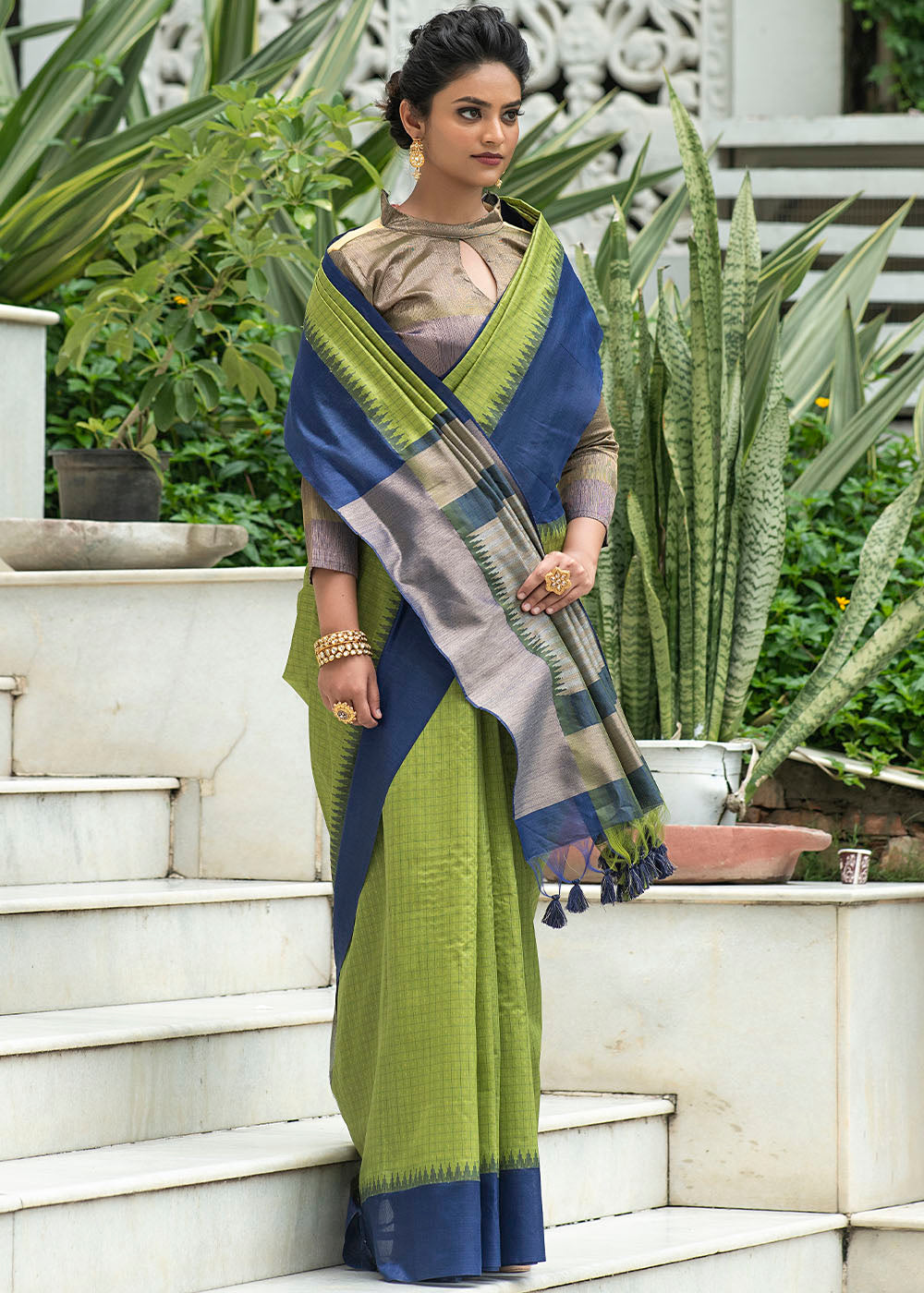 Avocado Green Designer Woven South Silk Saree