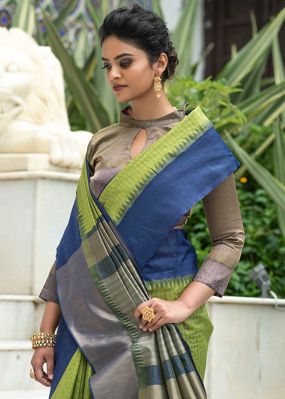 Avocado Green Designer Woven South Silk Saree