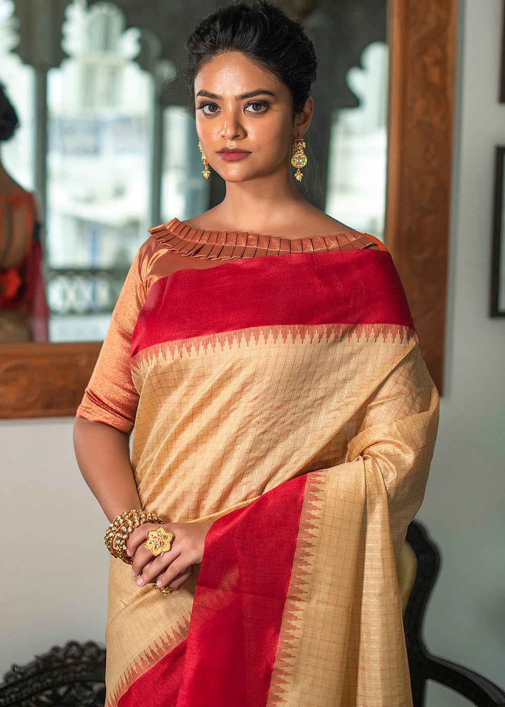 Wheat Brown Designer Woven South Silk Saree