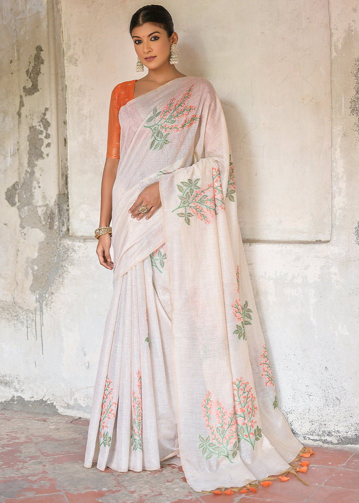 White & Orange Muga Cotton Saree with Woven Pallu & All Over Butti work