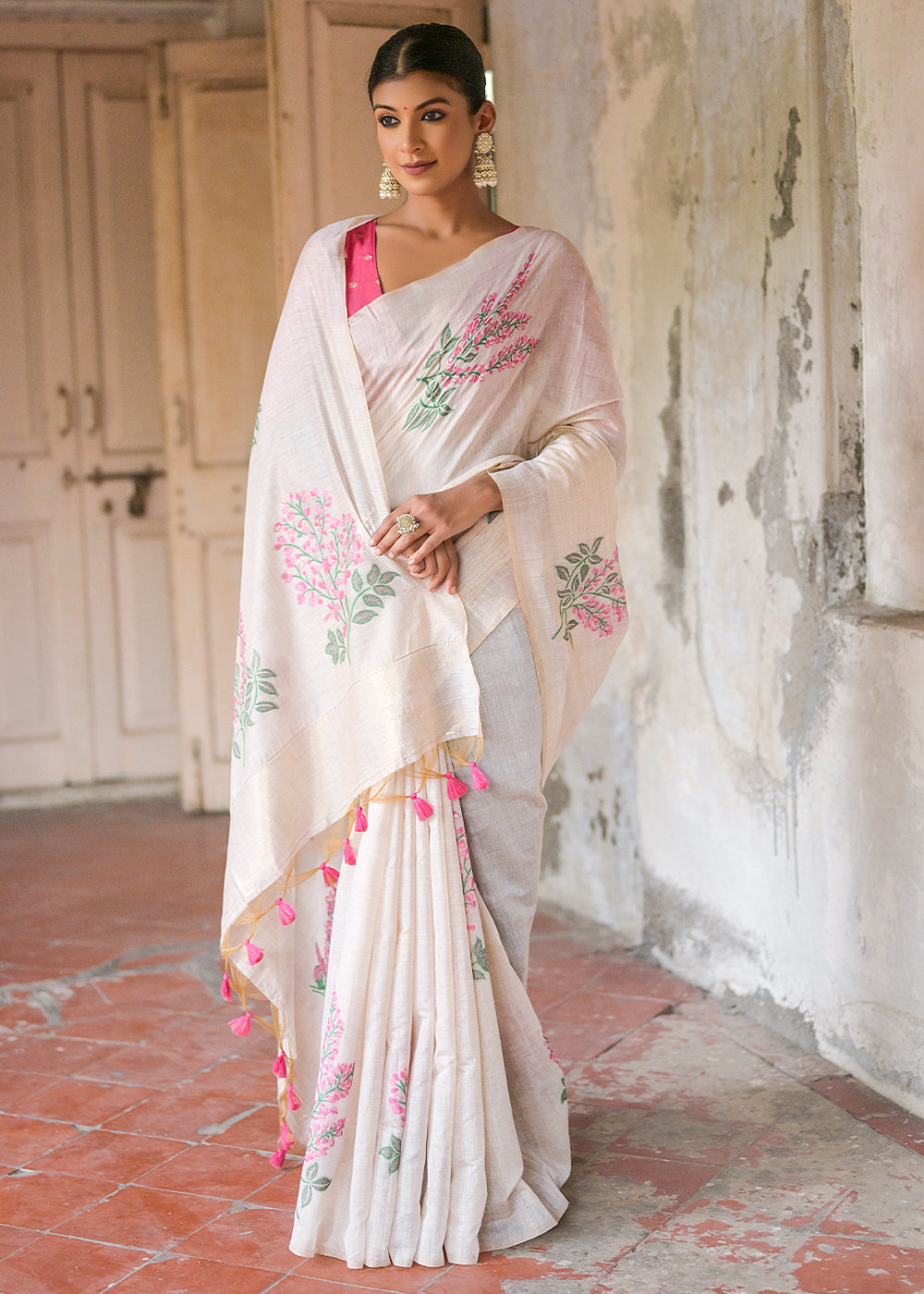 White & Pink Muga Cotton Saree with Woven Pallu & All Over Butti work