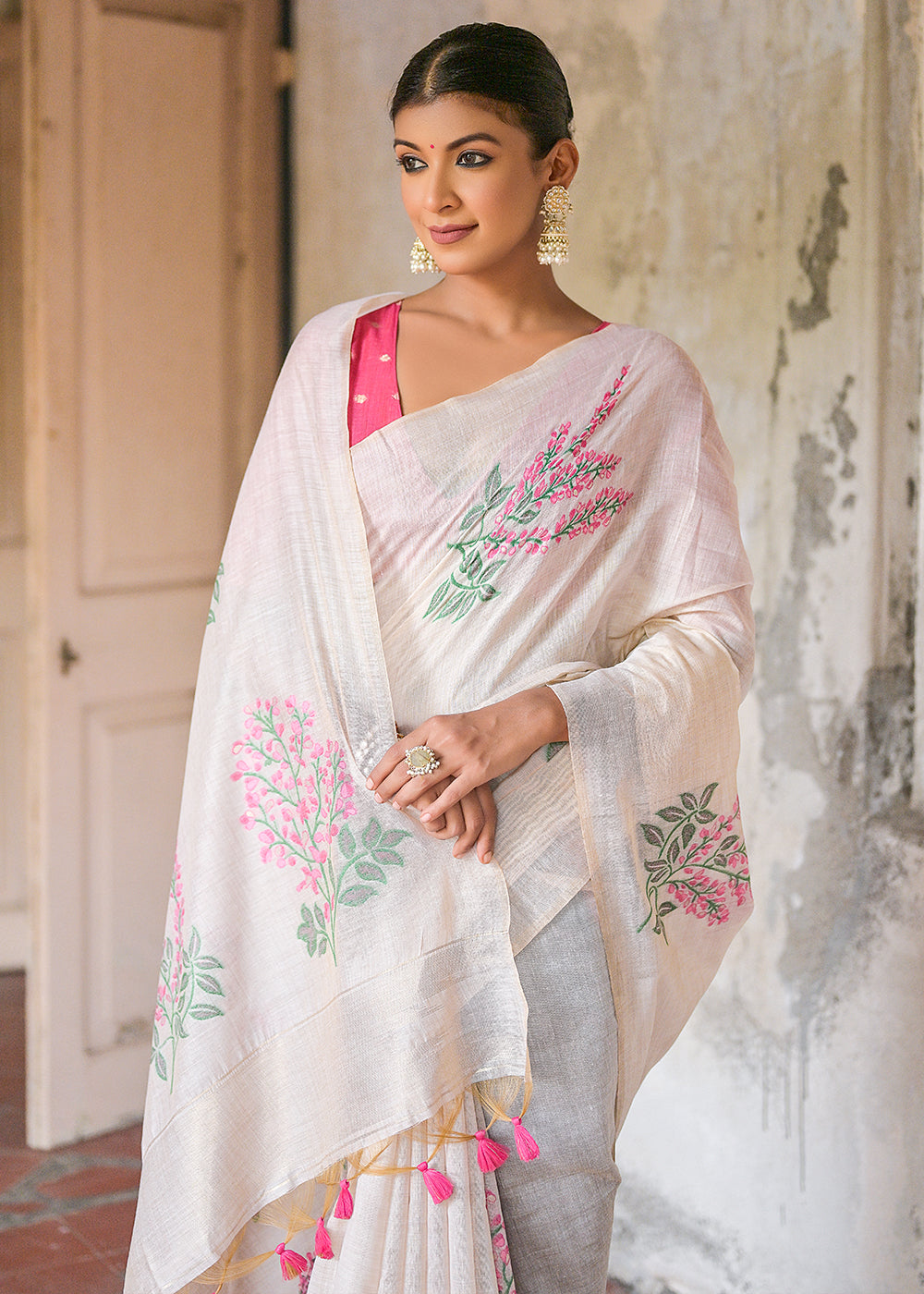 White & Pink Muga Cotton Saree with Woven Pallu & All Over Butti work