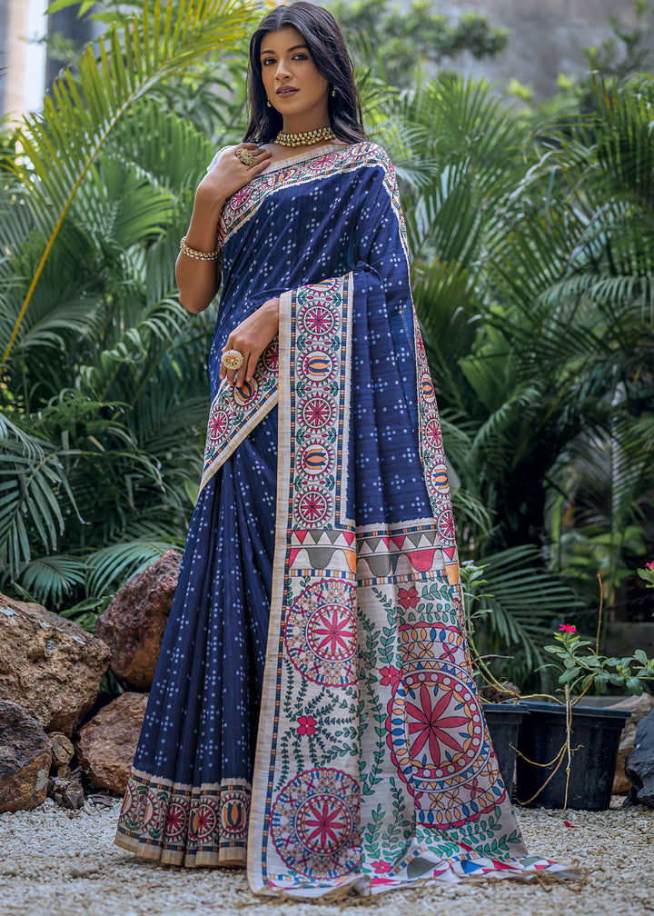 Navy Blue Madhubani Printed Soft Tussar Silk Saree