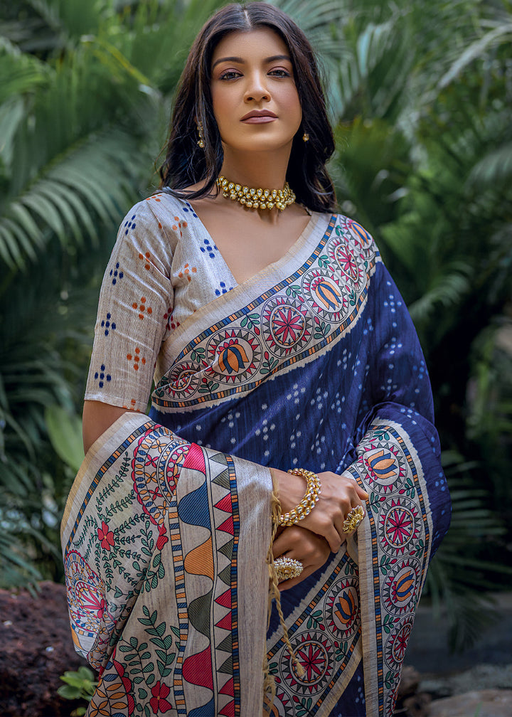 Navy Blue Madhubani Printed Soft Tussar Silk Saree