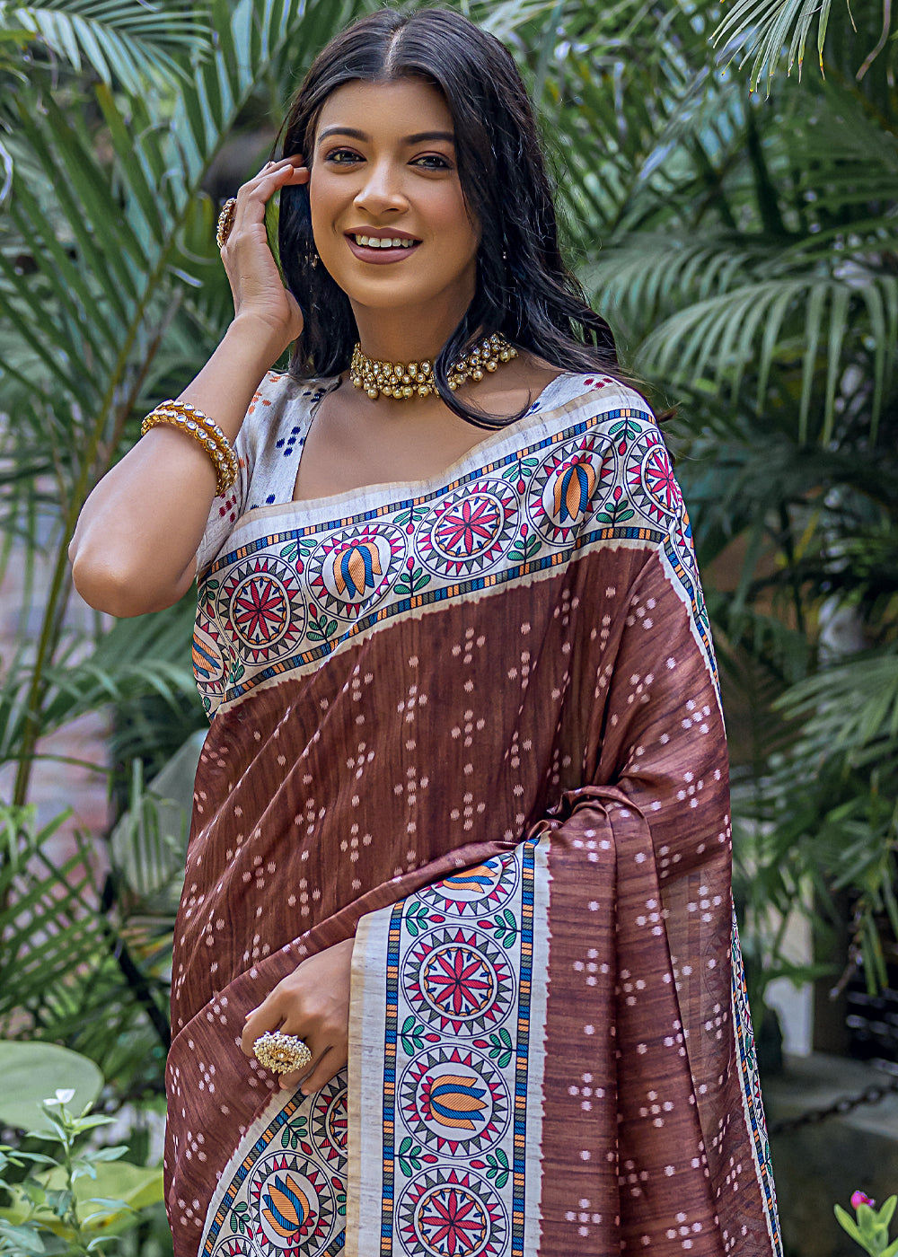 Coffee Brown Madhubani Printed Soft Tussar Silk Saree