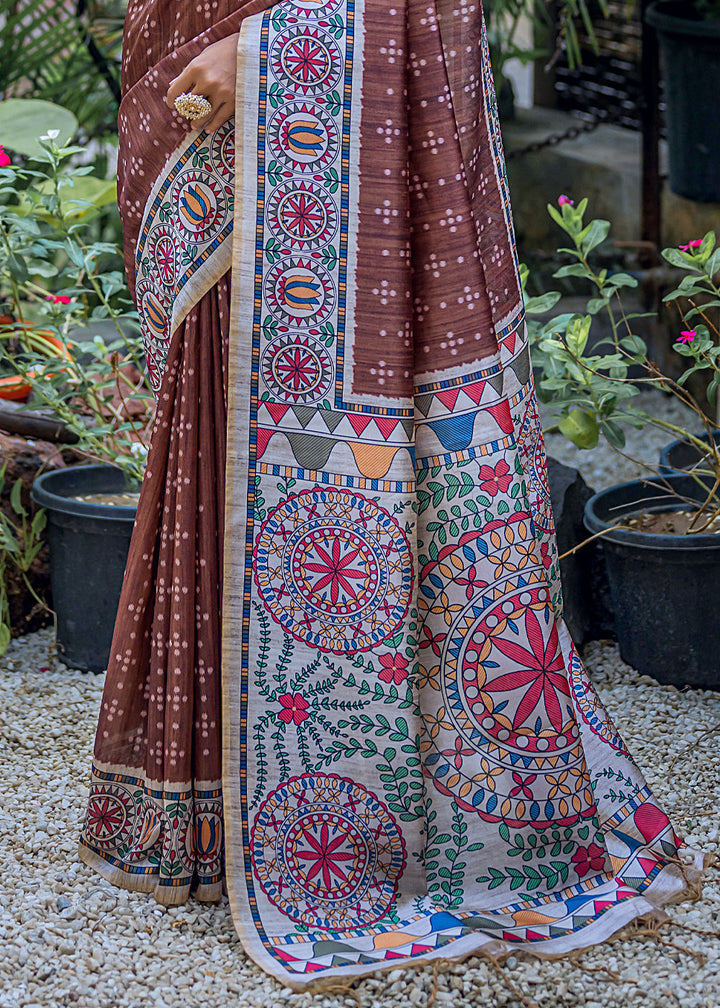 Coffee Brown Madhubani Printed Soft Tussar Silk Saree