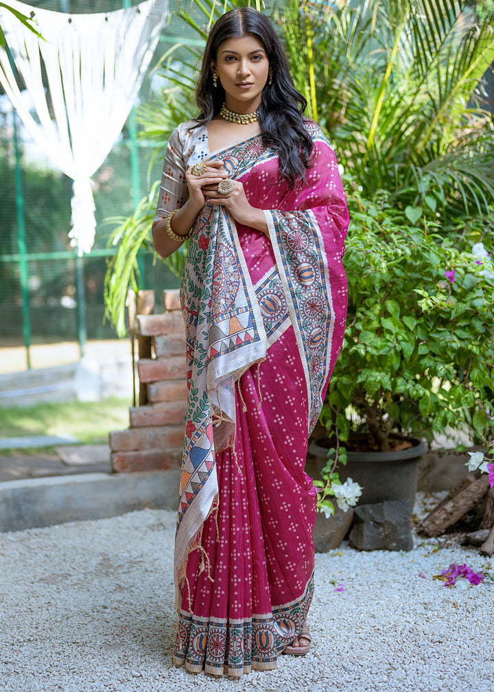 Magenta Pink Madhubani Printed Soft Tussar Silk Saree