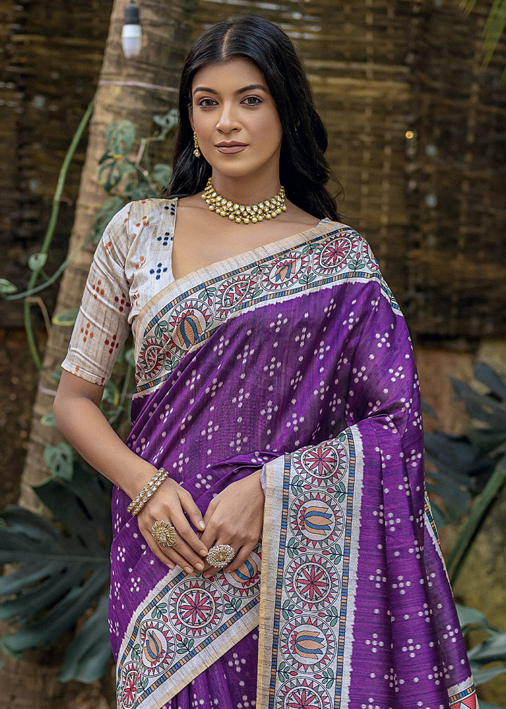 Grape Purple Madhubani Printed Soft Tussar Silk Saree