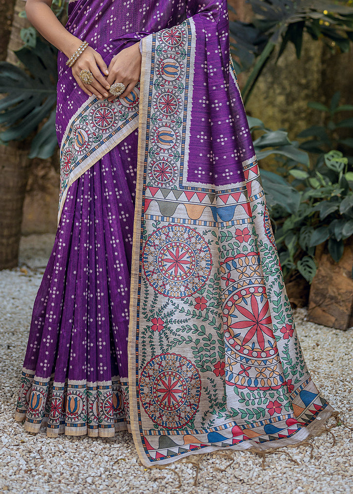 Grape Purple Madhubani Printed Soft Tussar Silk Saree