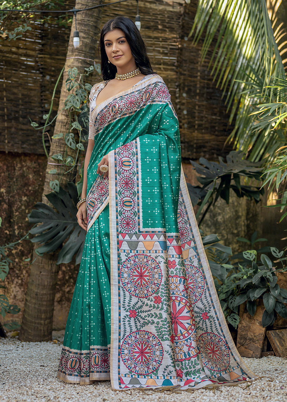 Rama Green Madhubani Printed Soft Tussar Silk Saree