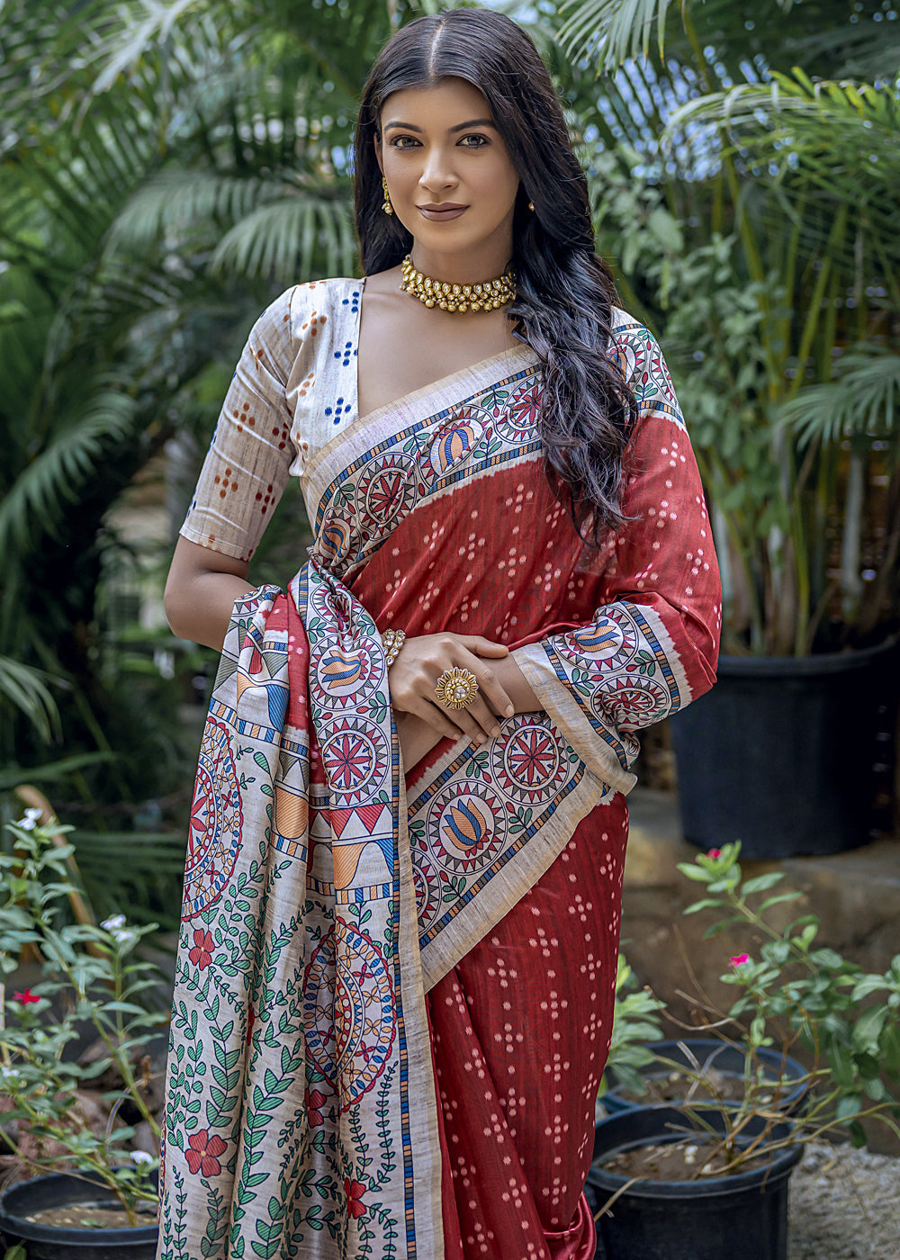 Scarlet Red Madhubani Printed Soft Tussar Silk Saree