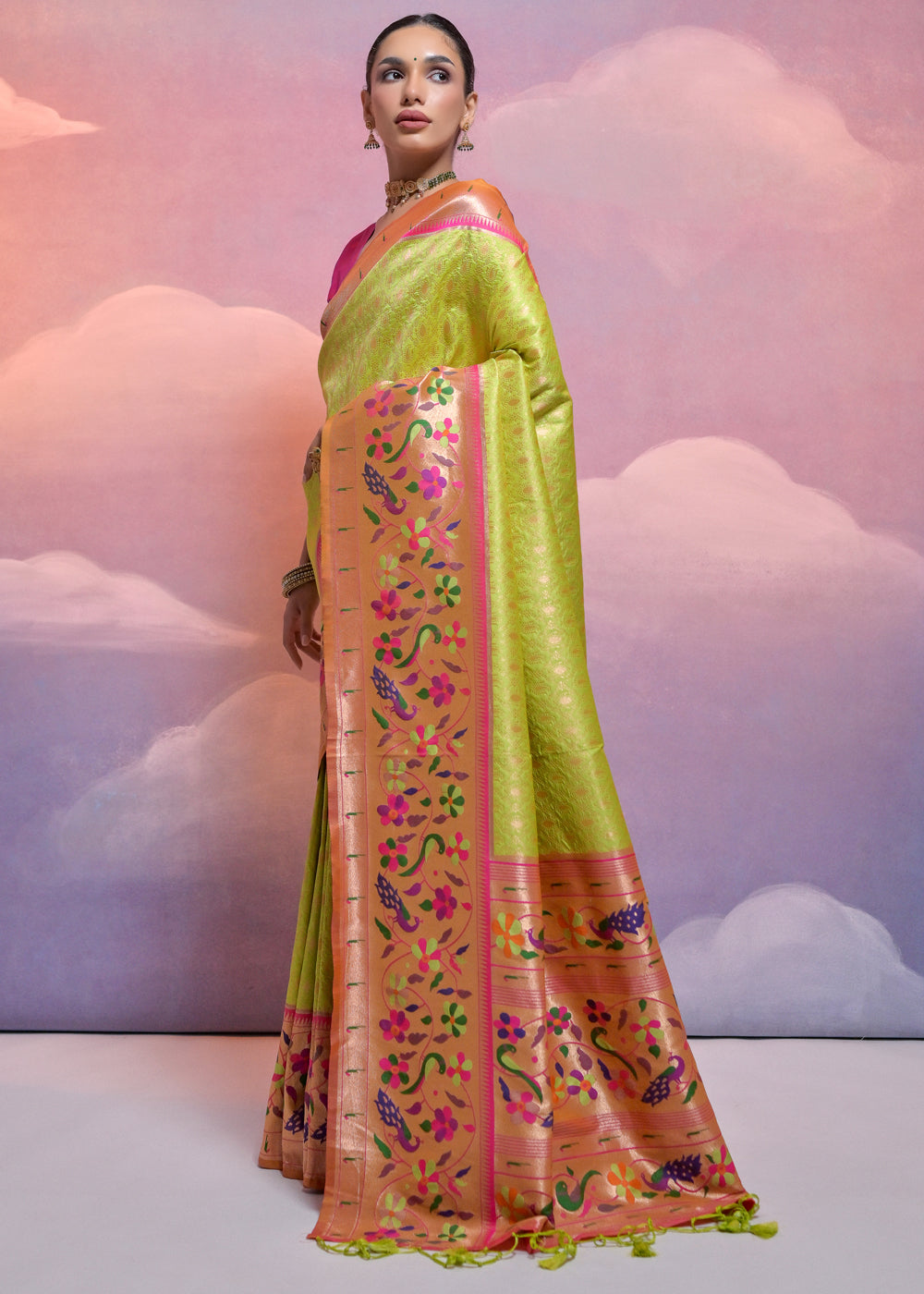 Avocado Green Woven Paithani Silk Saree with Meenakari Zari Woven Border