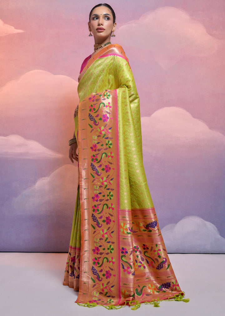 Avocado Green Woven Paithani Silk Saree with Meenakari Zari Woven Border