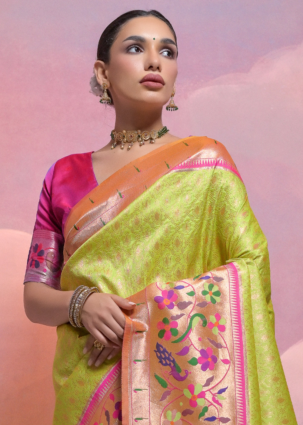 Avocado Green Woven Paithani Silk Saree with Meenakari Zari Woven Border