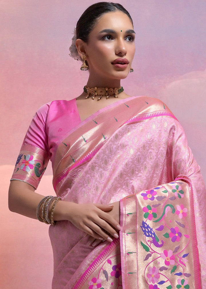 Taffy Pink Woven Paithani Silk Saree with Meenakari Zari Woven Border