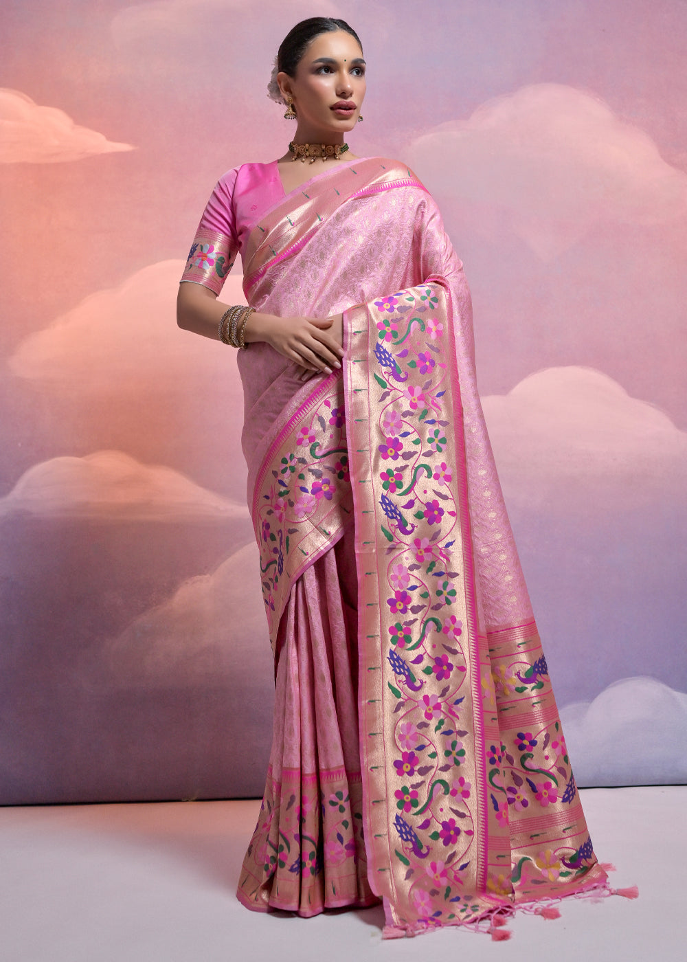 Taffy Pink Woven Paithani Silk Saree with Meenakari Zari Woven Border