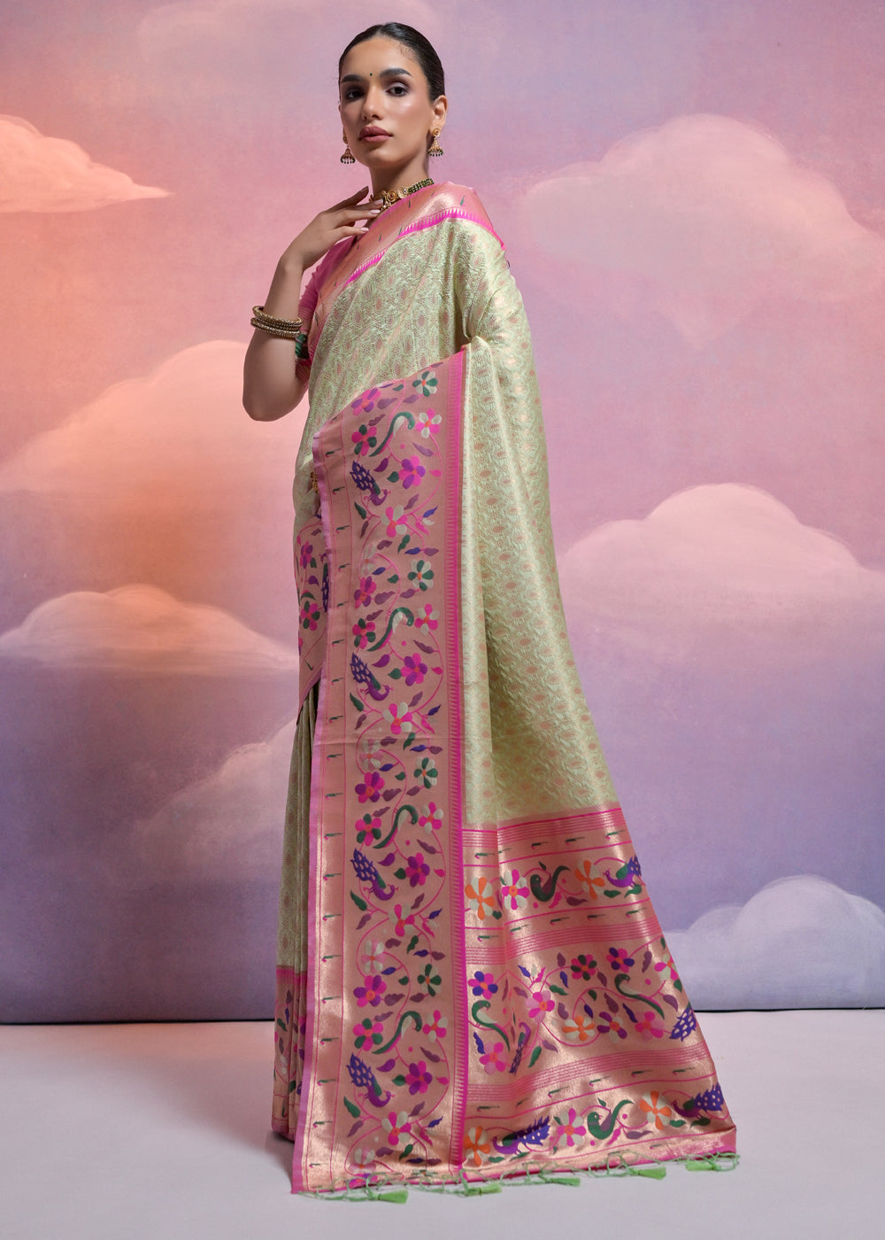 Pista Green Woven Paithani Silk Saree with Meenakari Zari Woven Border