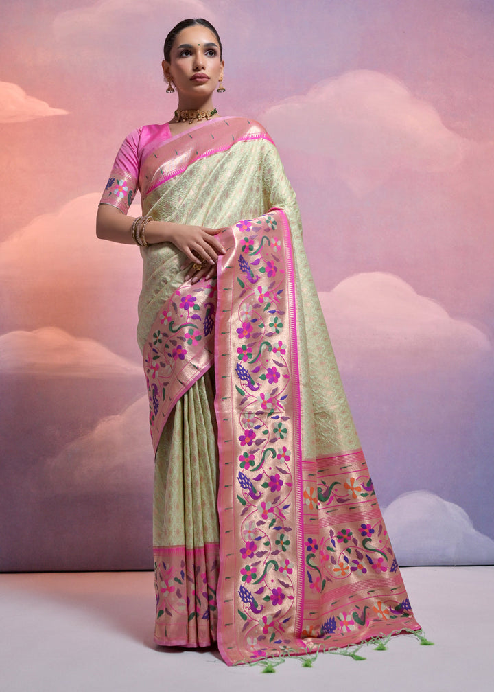 Pista Green Woven Paithani Silk Saree with Meenakari Zari Woven Border