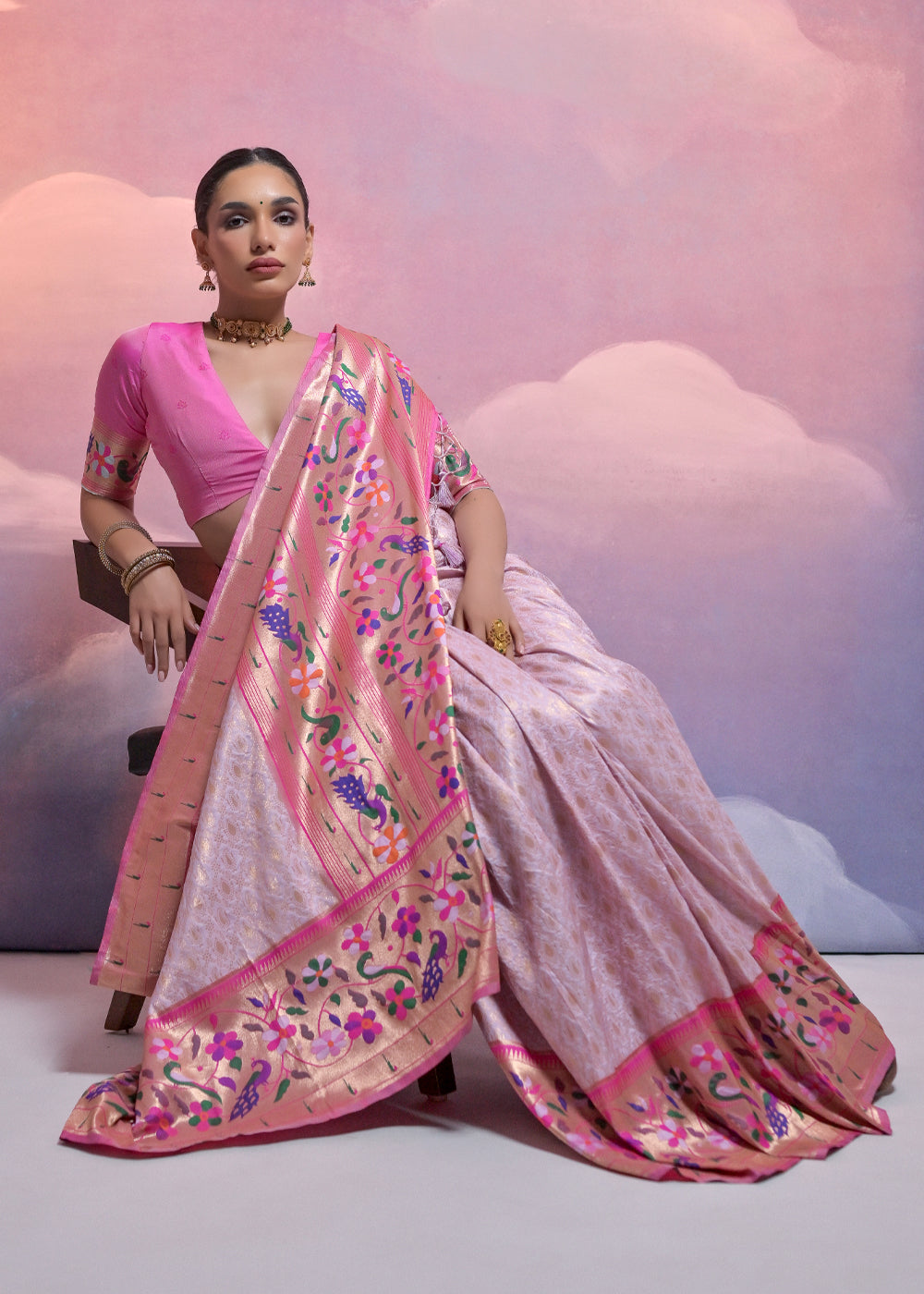 Thistle Purple Woven Paithani Silk Saree with Meenakari Zari Woven Border