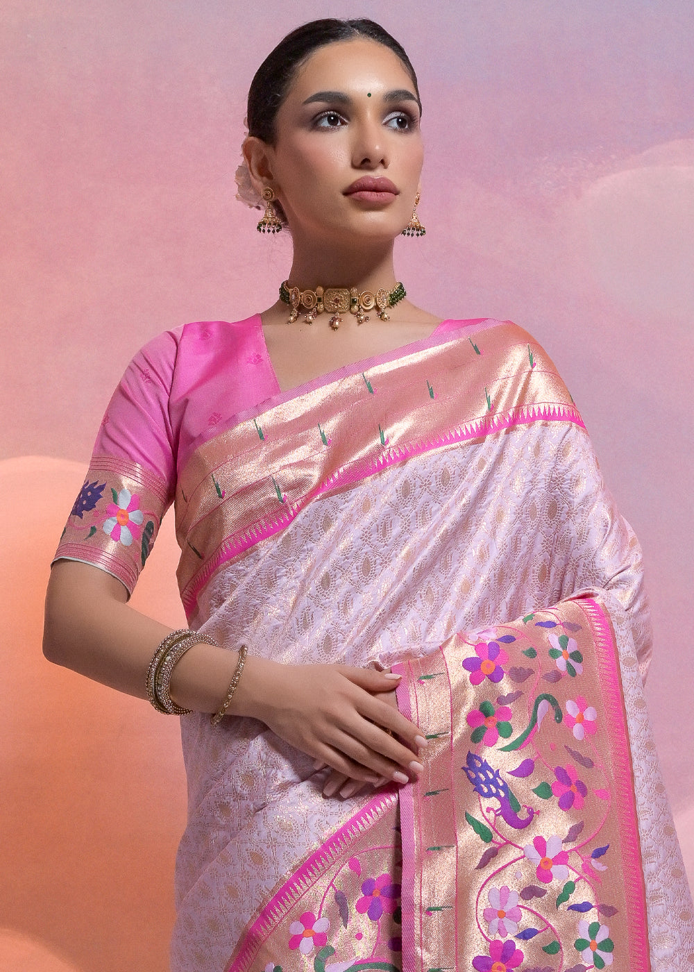 Thistle Purple Woven Paithani Silk Saree with Meenakari Zari Woven Border