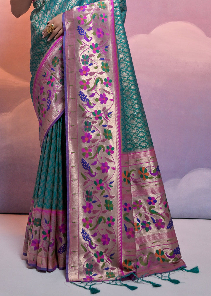 Rama Green Woven Paithani Silk Saree with Meenakari Zari Woven Border