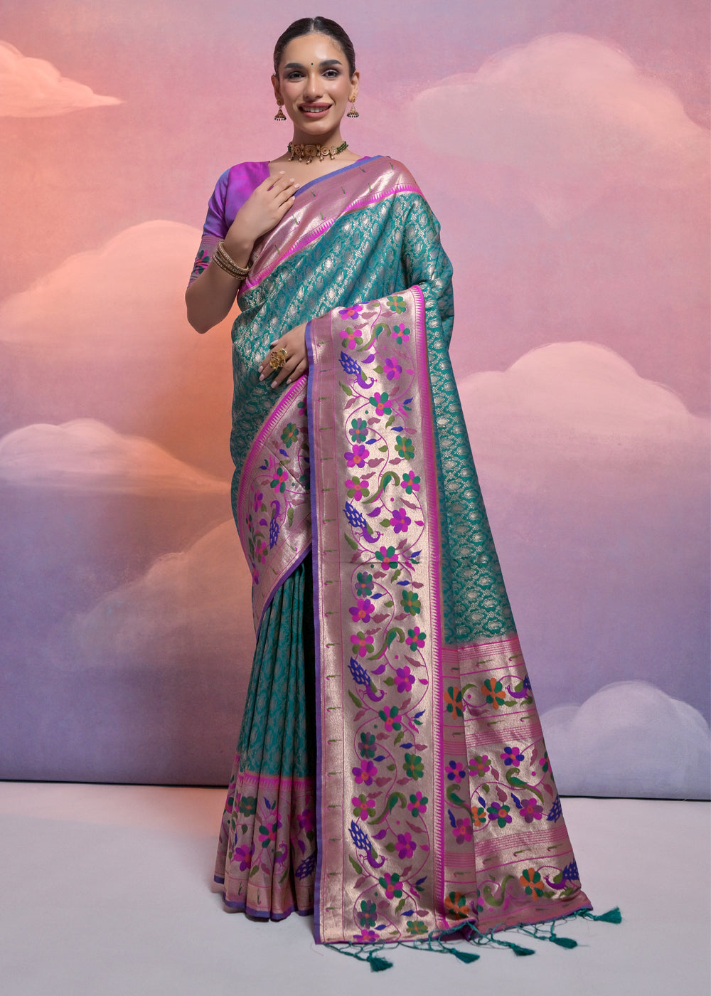 Rama Green Woven Paithani Silk Saree with Meenakari Zari Woven Border