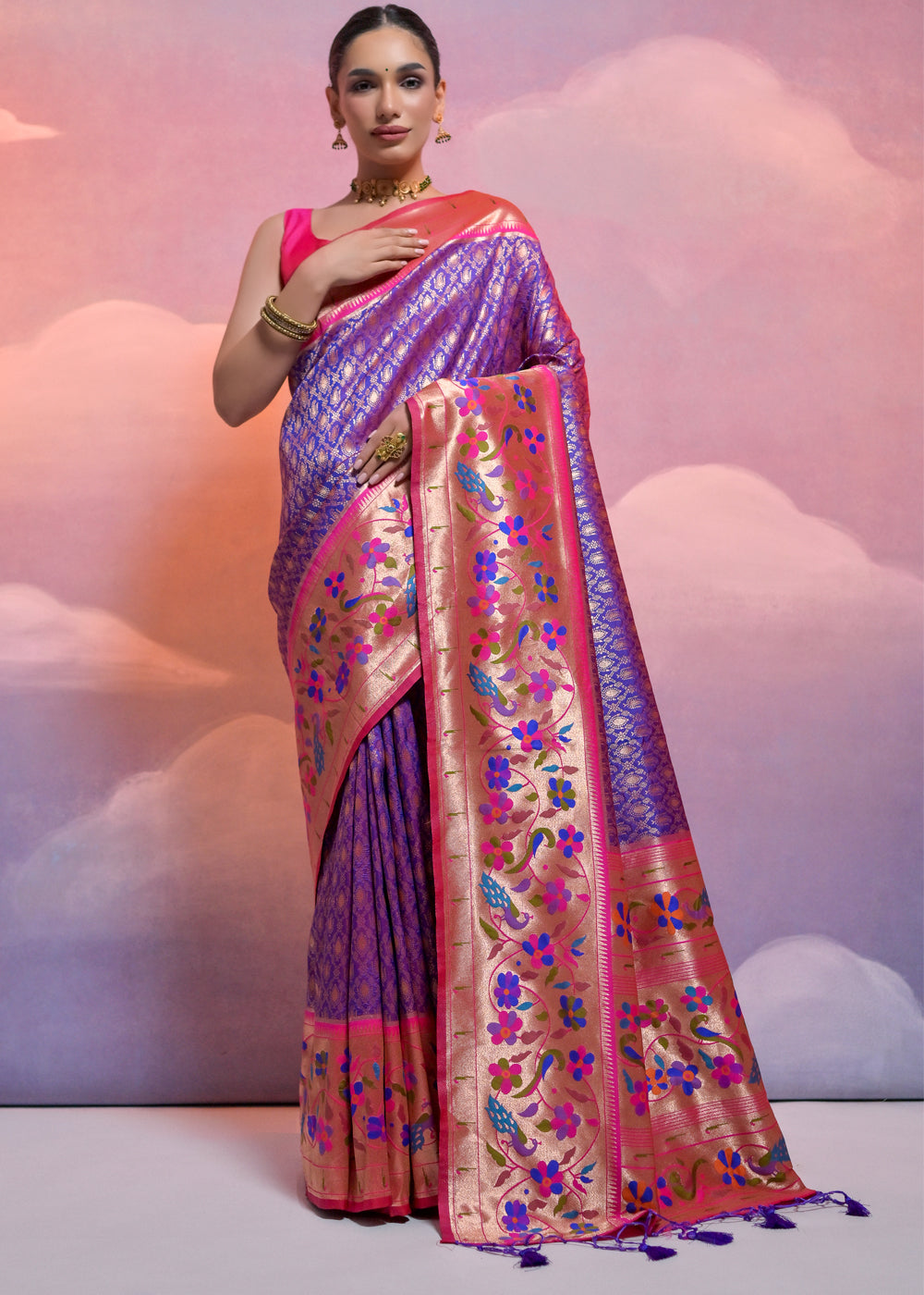 Purblish Blue Woven Paithani Silk Saree with Meenakari Zari Woven Border