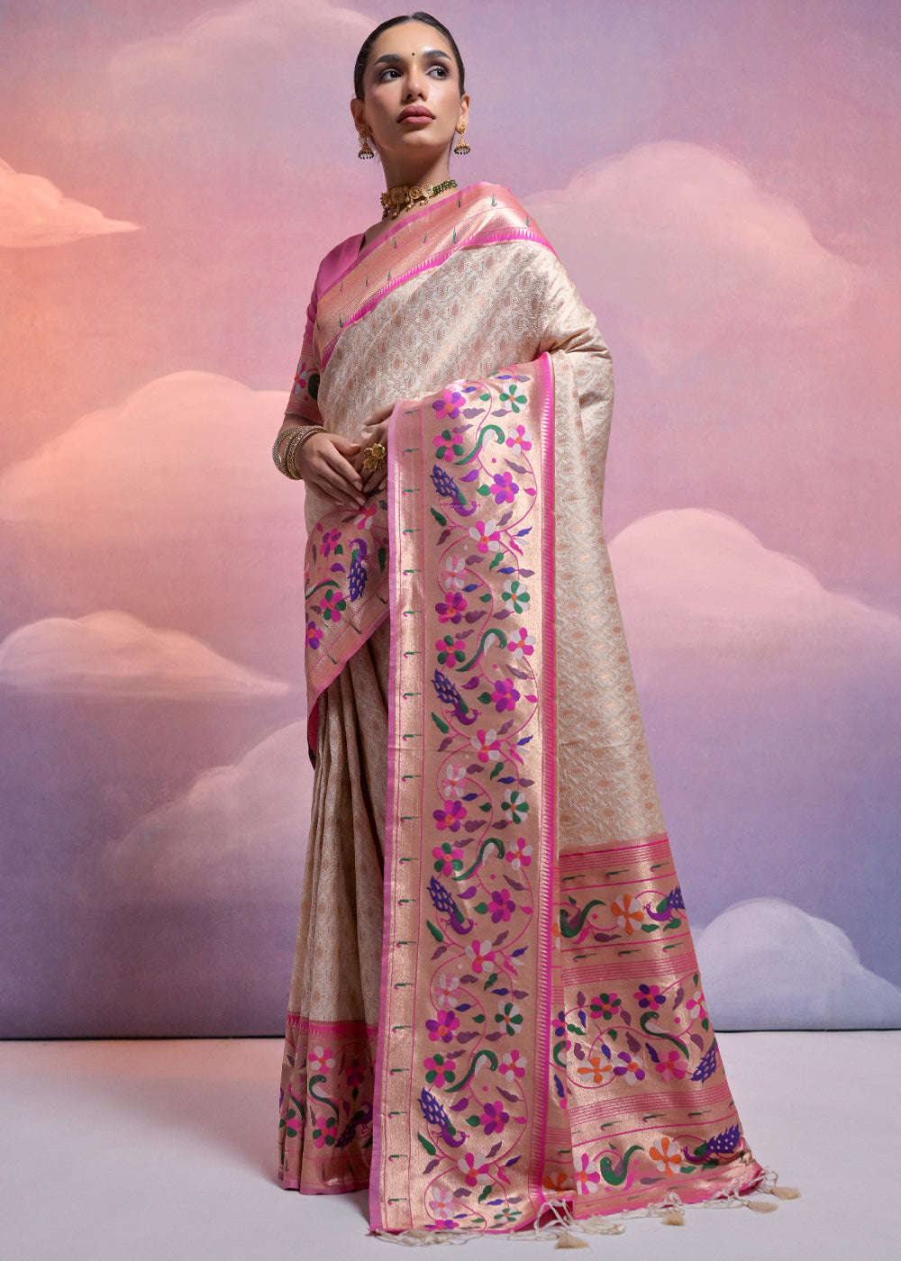 Pearl White Woven Paithani Silk Saree with Meenakari Zari Woven Border