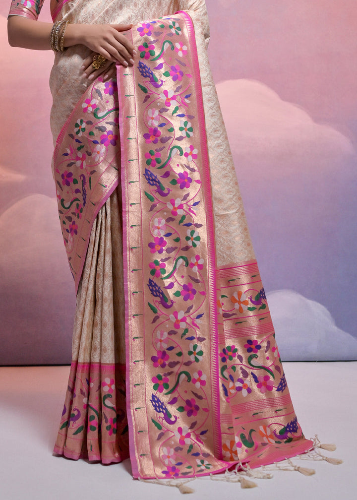 Pearl White Woven Paithani Silk Saree with Meenakari Zari Woven Border