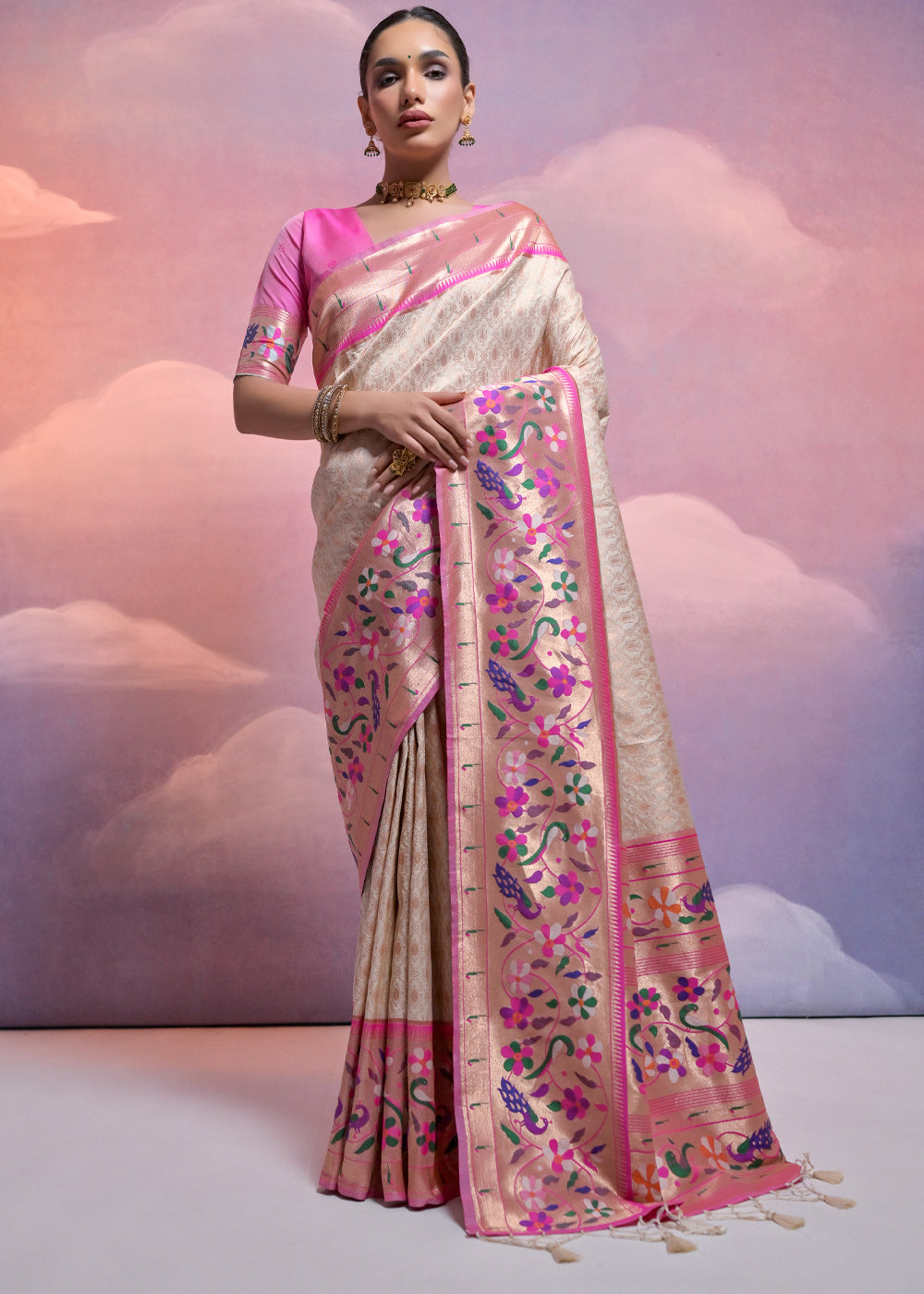 Pearl White Woven Paithani Silk Saree with Meenakari Zari Woven Border