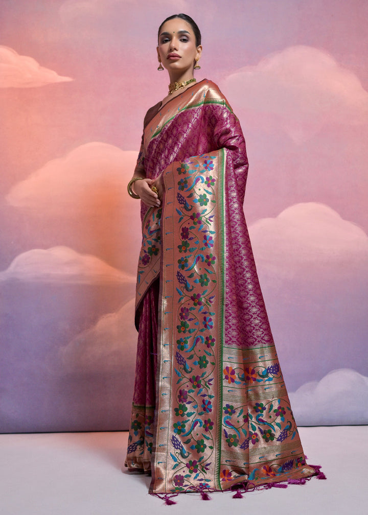 Tyrian Purple Woven Paithani Silk Saree with Meenakari Zari Woven Border