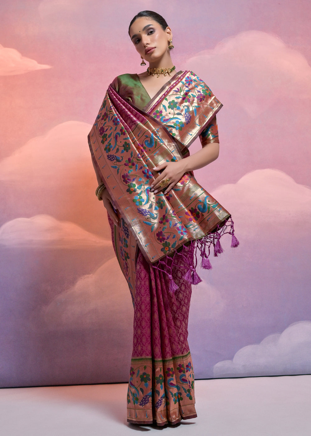 Tyrian Purple Woven Paithani Silk Saree with Meenakari Zari Woven Border