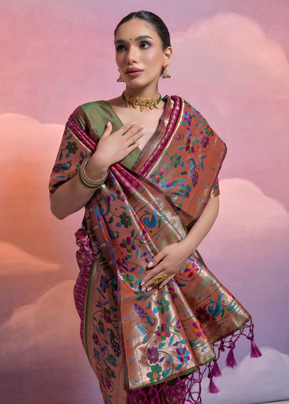 Tyrian Purple Woven Paithani Silk Saree with Meenakari Zari Woven Border