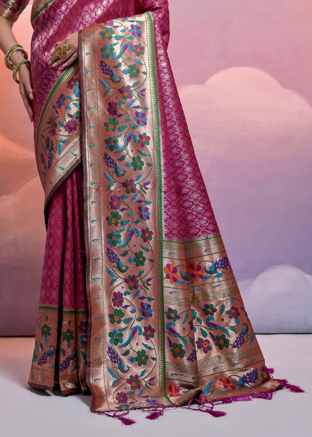 Tyrian Purple Woven Paithani Silk Saree with Meenakari Zari Woven Border