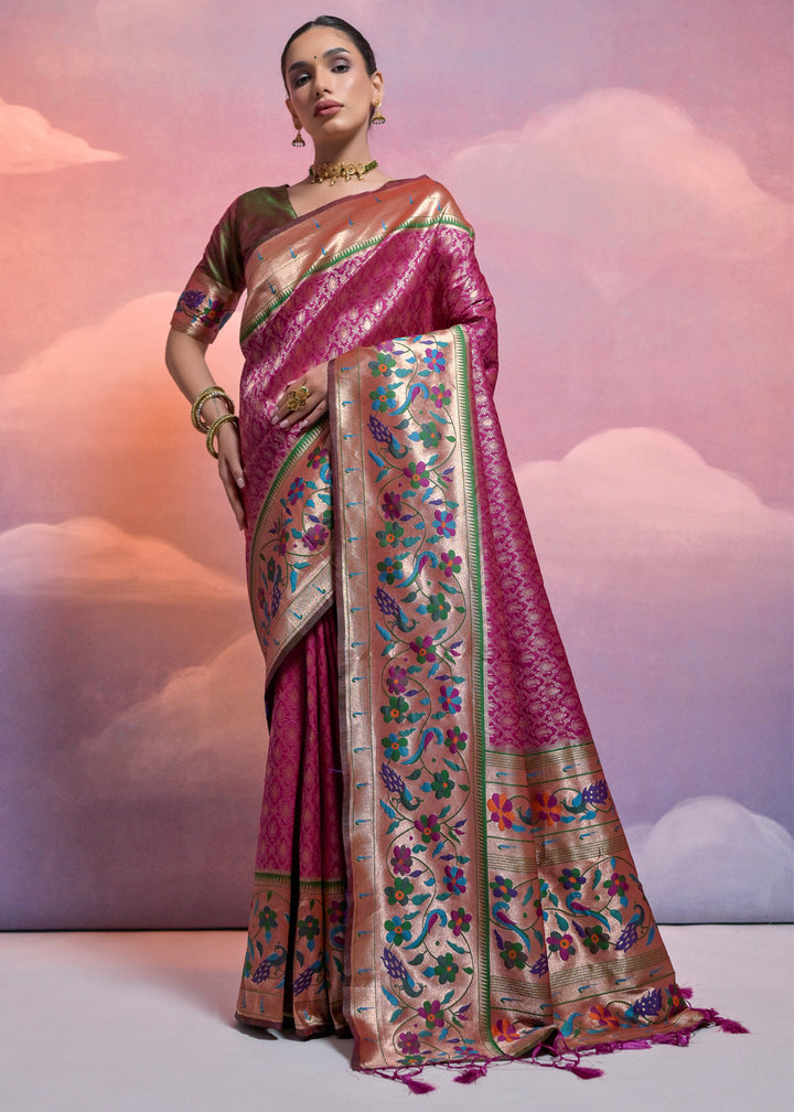 Tyrian Purple Woven Paithani Silk Saree with Meenakari Zari Woven Border