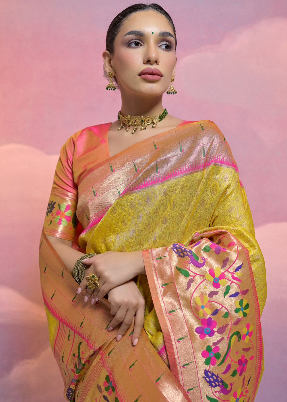 Sunray Yellow Woven Paithani Silk Saree with Meenakari Zari Woven Border