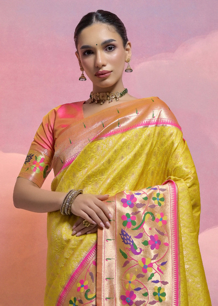 Sunray Yellow Woven Paithani Silk Saree with Meenakari Zari Woven Border