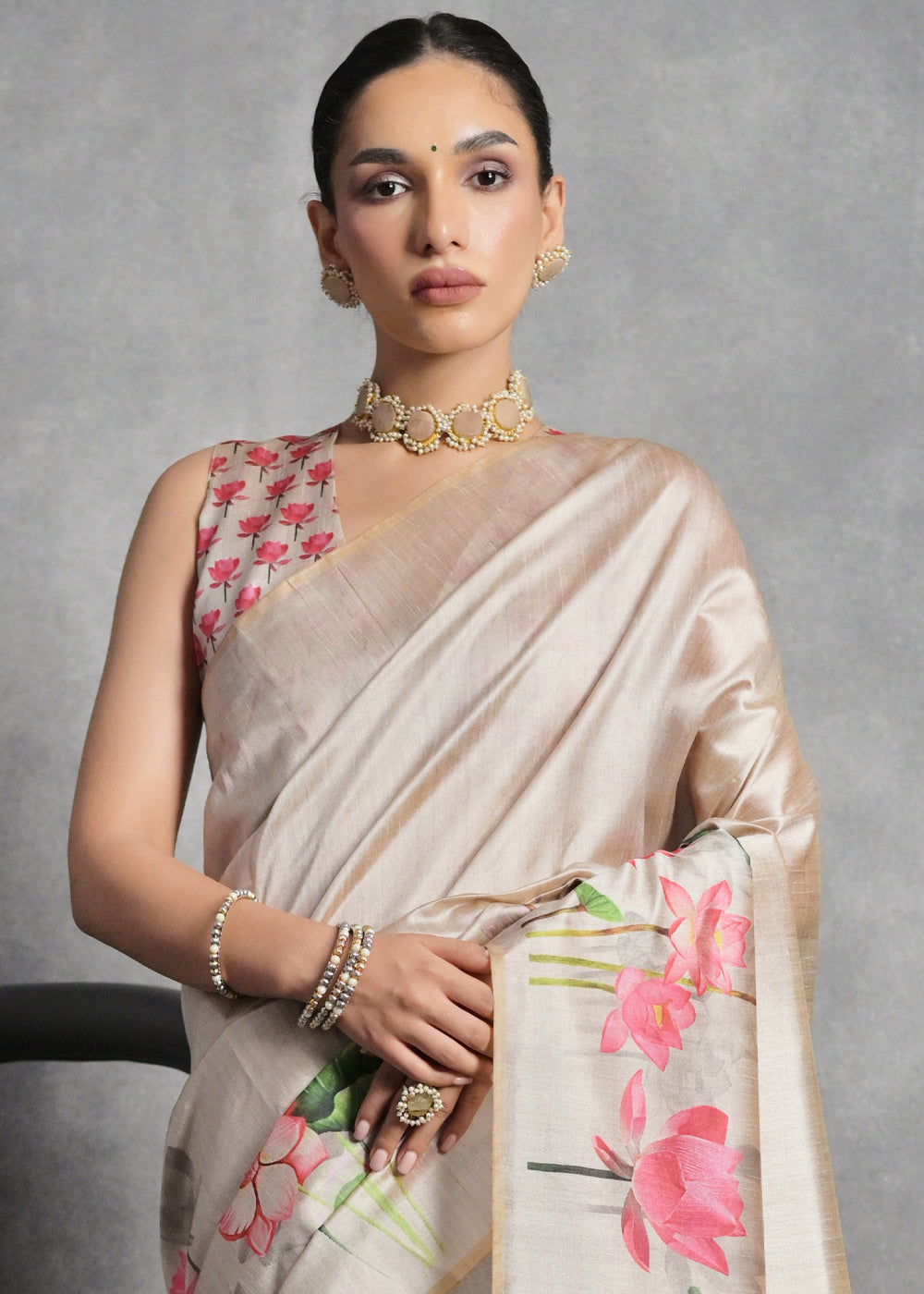 Cream White Floral Printed Soft Tussar Silk Saree