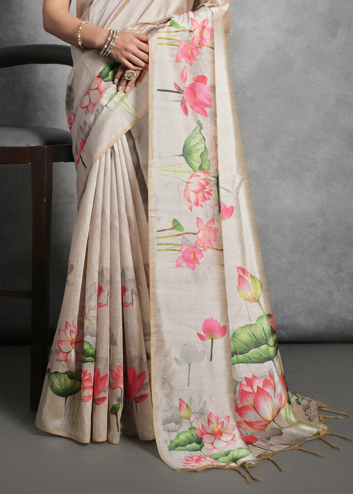 Cream White Floral Printed Soft Tussar Silk Saree