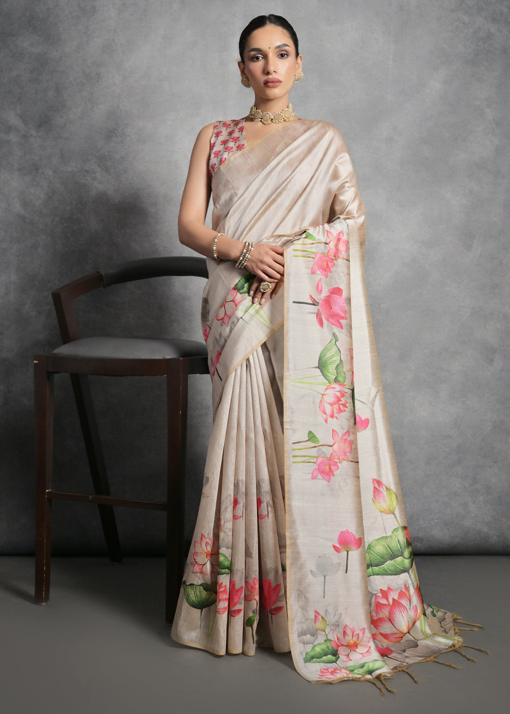 Cream White Floral Printed Soft Tussar Silk Saree